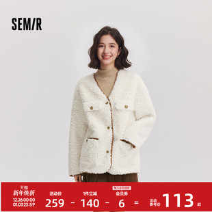 气质宽松夹克复古 2024冬新款 森马外套女中长款 仿兔毛V领落肩时尚