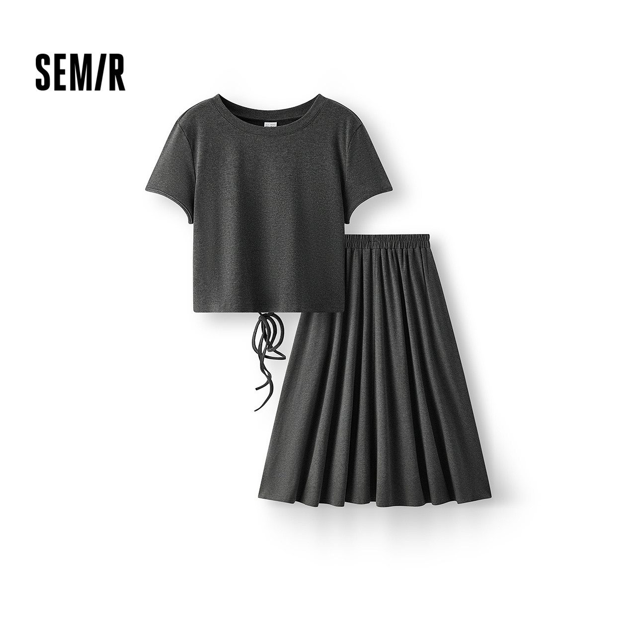 森马套装女夏季镂空抽绳短上衣松紧腰A字长裙百搭优雅气质两件套