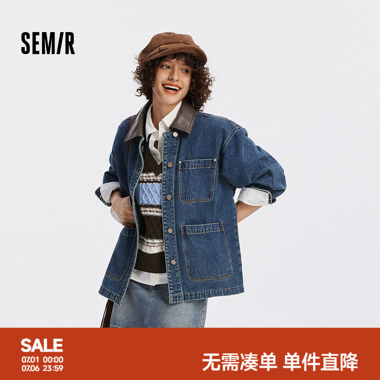 森马潮酷宽松中长款牛仔外套女