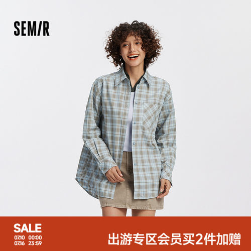 森马格子宽松中长款长袖衬衫女