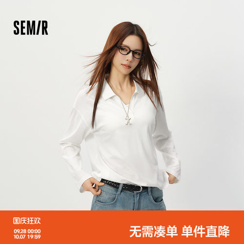 森马白色长袖宽松印花POLO衫女