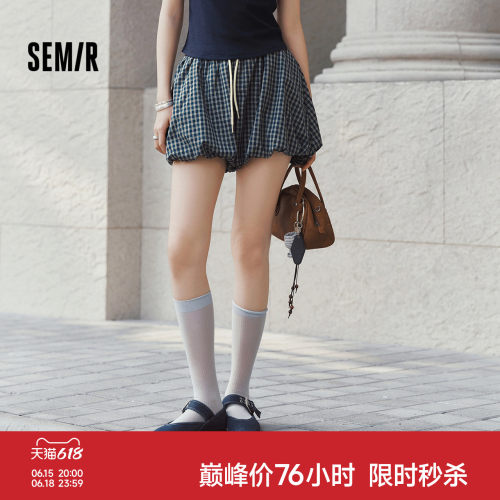 森马复古宽松格子花苞休闲裤女