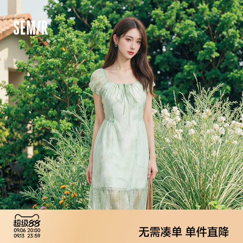 森马U领晕染碎花雪纺连衣裙女