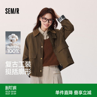 森马外套女巴恩风短外套上衣秋季 拼接灯芯绒翻领夹克格纹复古风