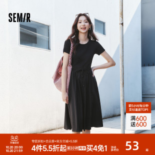 森马连衣裙女拼接修身 休闲假两件圆领中长裙百搭 收腰气质简约夏季