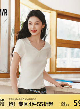 森马短袖T恤女夏季短款V领半开襟套头衫紧身纯色正肩2026新款上衣