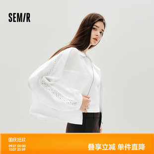 棉麻立領(lǐng)2025新款 甜美上衣夾克 蕾絲寬松蝙蝠袖 森馬外套女秋短款