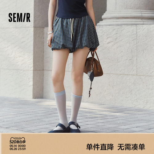 森马复古宽松格子花苞休闲裤女