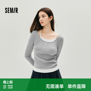 森马长袖T恤女秋短款假两件蕾丝花边修身2025新款小性感气质上衣