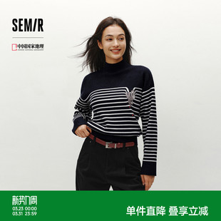 休闲毛衫 半高领刺绣条纹衫 森马中国国家地理系列毛衣女冬季 森柔