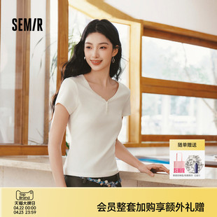 森马短袖T恤女夏季短款V领半开襟套头衫紧身纯色正肩2026新款上衣