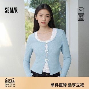 商场同款|森马长袖T恤女春短款蝴蝶结蕾丝修身假两件2026新款上衣