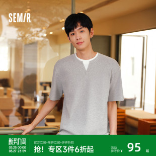 肌理舒适百搭上衣 假两件拼接套头领口2026新款 森马短袖 T恤男夏季