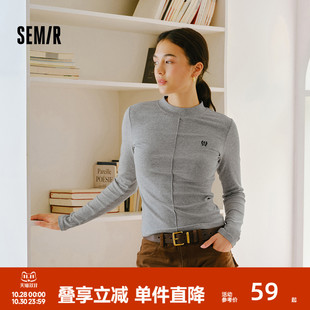 森马长袖 刺绣紧身磨毛上衣显瘦 T恤女冬半高领小心机分割2025新款