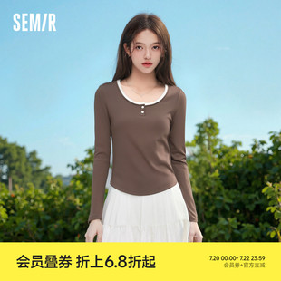 簡(jiǎn)約風(fēng)秋季 森馬長(zhǎng)袖 撞色打底衫 假兩件修身 T恤女短款 衣服顯瘦百搭