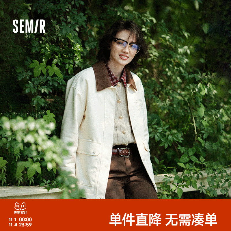 森马拼色灯芯绒翻领中长款外套女