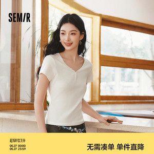 森马V领半开襟正肩短款短袖T恤女