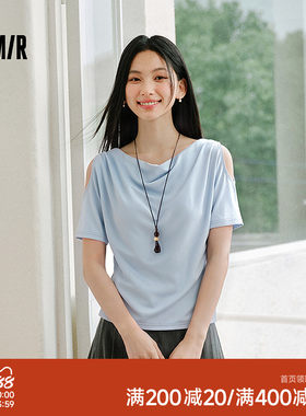森马项链荡领镂空连袖短款T恤女