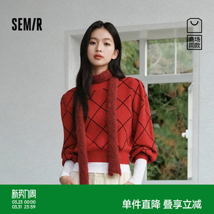 商场同款 潮流新年毛衫 森马毛衣女春季 红色菱格2026新款 短款 森柔