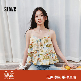 森马衬衫女短款上衣修身荷叶边碎花法式2025夏新款甜美吊带小衫