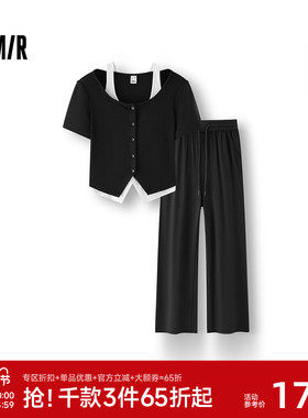 [商场同款]森马套装女假两件短上衣直筒长裤2025秋新款黑色两件套