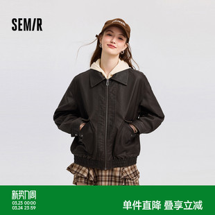 [商场同款]森马外套女夹棉翻领宽松冬2024新款PU仿皮夹克Vintage