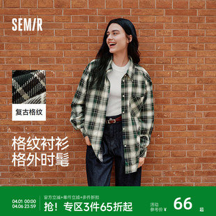 森马长袖 女中长款 慵懒宽松落肩休闲秋季 chic复古格纹衬衣潮流 衬衫