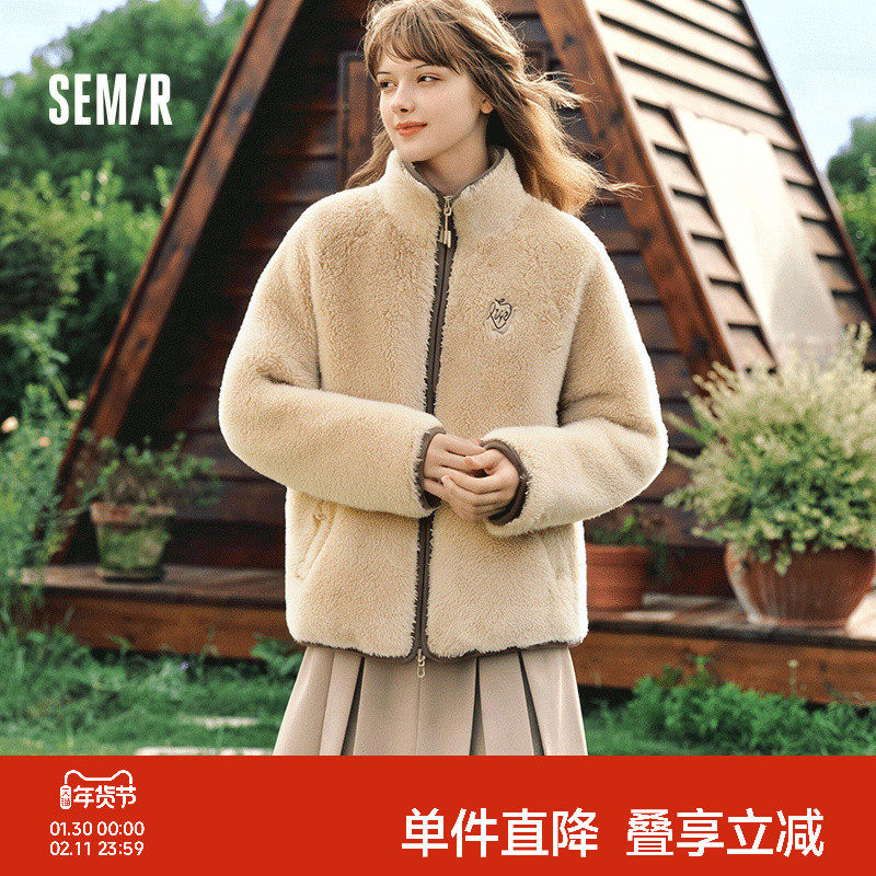 森马外套女插肩袖珊瑚绒仿羊羔毛2025冬季新款立领宽松夹克温柔系