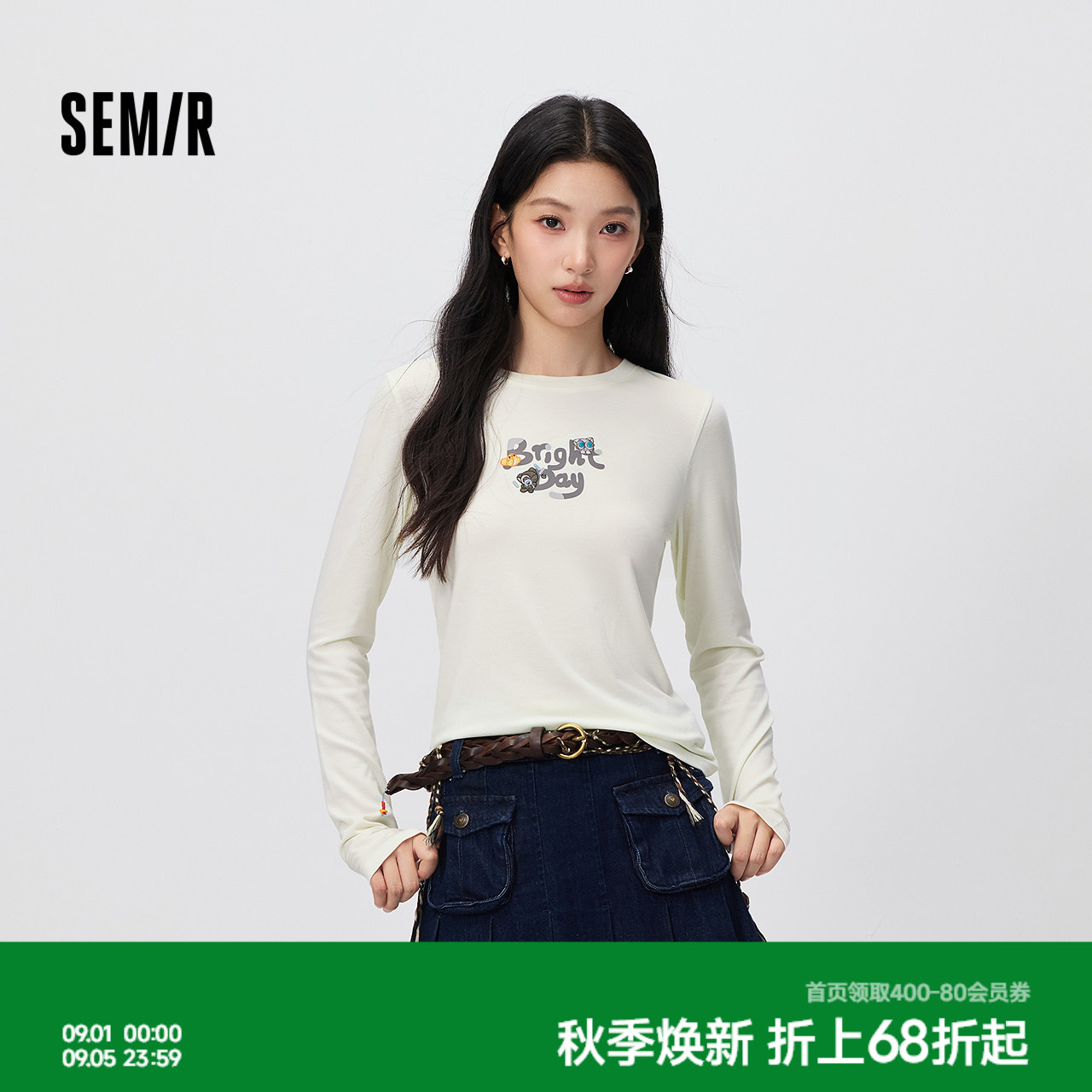 森马罗小黑刺绣正肩长袖T恤女图片