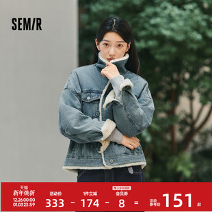 森马牛仔外套女拼接仿兔毛翻领宽松潮流港风冬季 落肩夹棉夹克复古