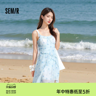 森马连衣裙女荷叶边2025新款吊带碎花雪纺裙浅春系Dress in light