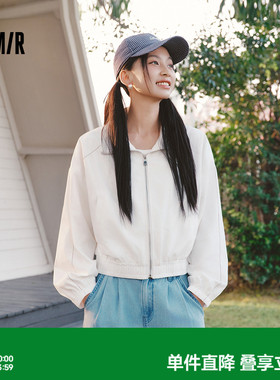森马外套女春短款白色宽松明线衣服2026新款小个子酷飒风百搭夹克