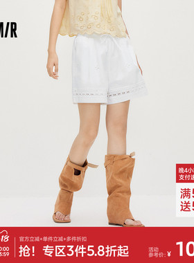 森马休闲裤女夏宽松镂空绣花2026新款气质温柔设计感小众白色短裤