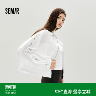 甜美上衣夹克 棉麻立领2025新款 森马外套女秋短款 蕾丝宽松蝙蝠袖