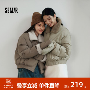 森马棉服女冬毛绒翻领手套宽松分割肌理2025新款 复古休闲棉衣 时尚