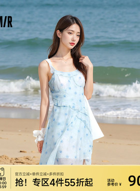 森马连衣裙女荷叶边2025新款吊带碎花雪纺裙浅春系Dress in light