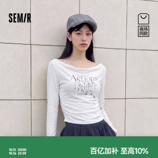 商场同款|森马长袖T恤女秋短款荡领字母修身2026新款个性显瘦上衣
