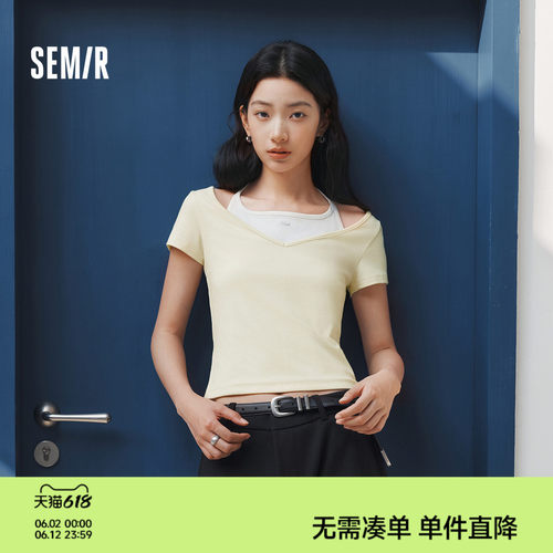 森马挂脖V领假两件短款短袖T恤女