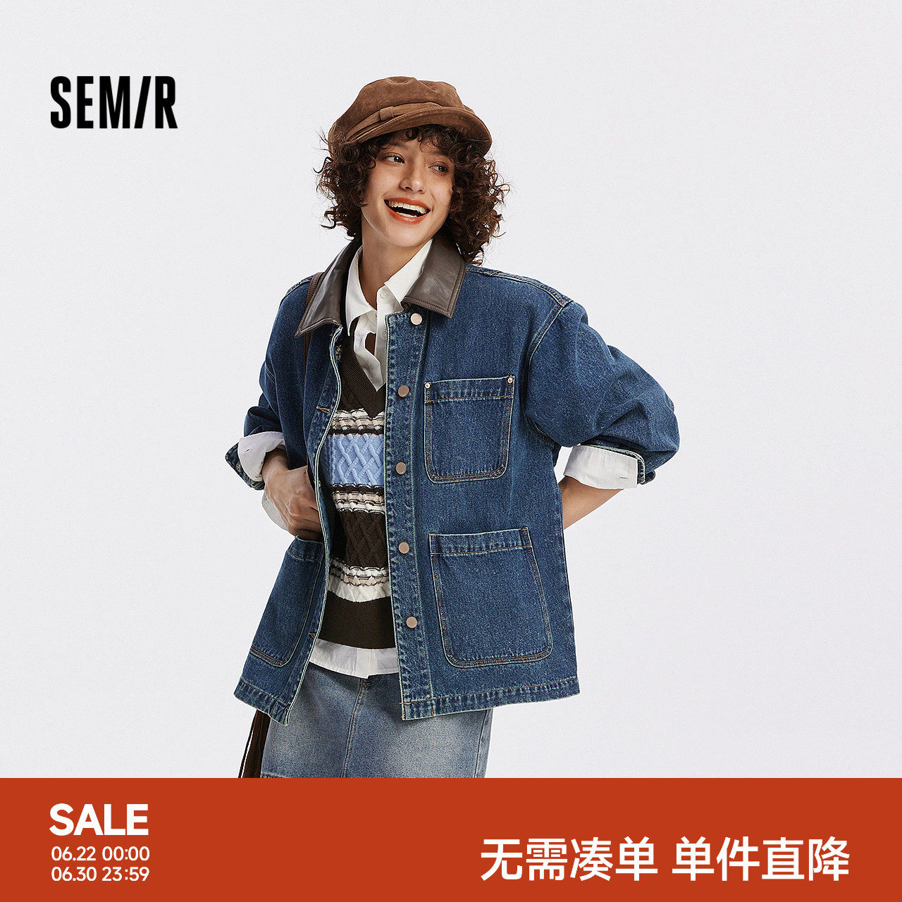 森马潮酷宽松中长款牛仔外套女