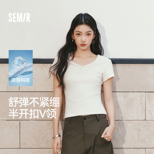 森马短袖T恤女夏季短款V领半开襟套头衫紧身纯色正肩2026新款上衣