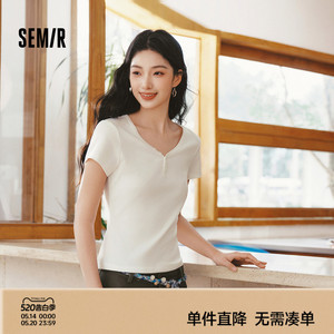 森马V领半开襟正肩短款短袖T恤女