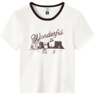 森马史努比系列短袖T恤女短款紧身撞色复古风夏季小个子印花上衣