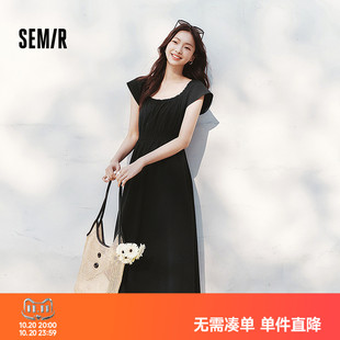 森马连衣裙女镂空收腰小心机2025夏新款小飞袖一字肩中长裙小性感