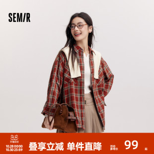 商场同款 红色外套春2025新款 森马长袖 女中长款 格纹上衣复古 衬衫