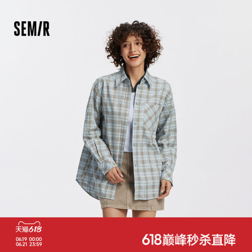 森马格子宽松中长款长袖衬衫女