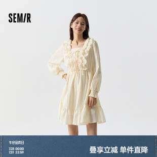 新款 森马连衣裙女荷叶边蝴蝶结浪漫2024春季 甜美方领肌理裙子温柔