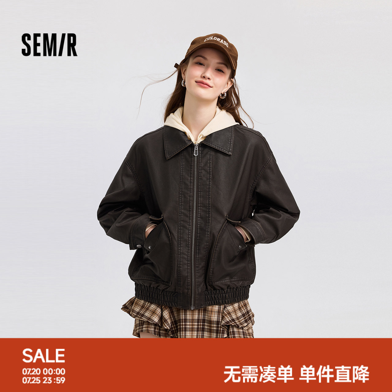 森马宽松翻领PU仿皮夹棉外套女