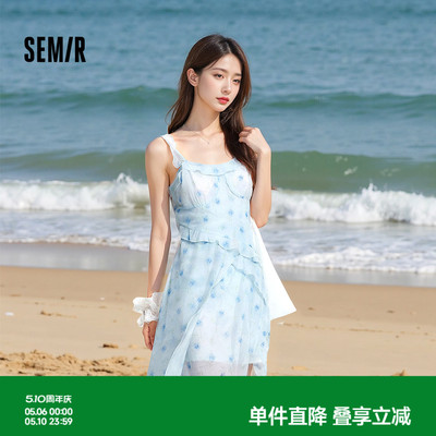 森马吊带荷叶边碎花雪纺连衣裙女