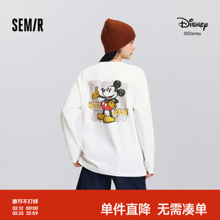 森马迪士尼合作系列长袖T恤女春季中长款米奇宽松落肩复古风上衣