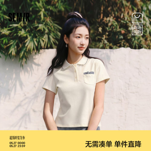森马小个子拼接格纹修身POLO衫女